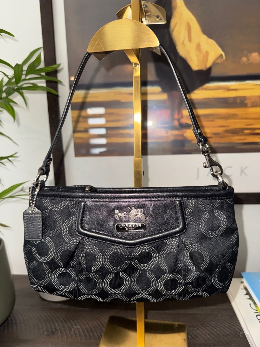 Coach Black Signature Jacquard Shoulder Bag with Silver Hardware